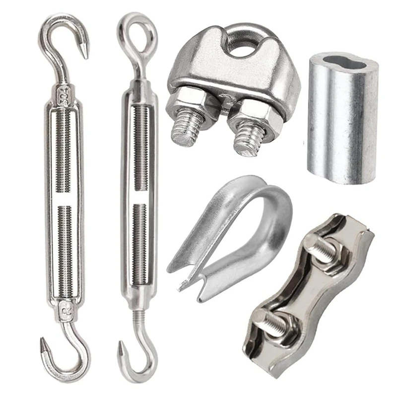 M5 Wire Tensioner Set With Turnbuckle Wire Rope Clamp Thimbles Press Clamp For Tightening