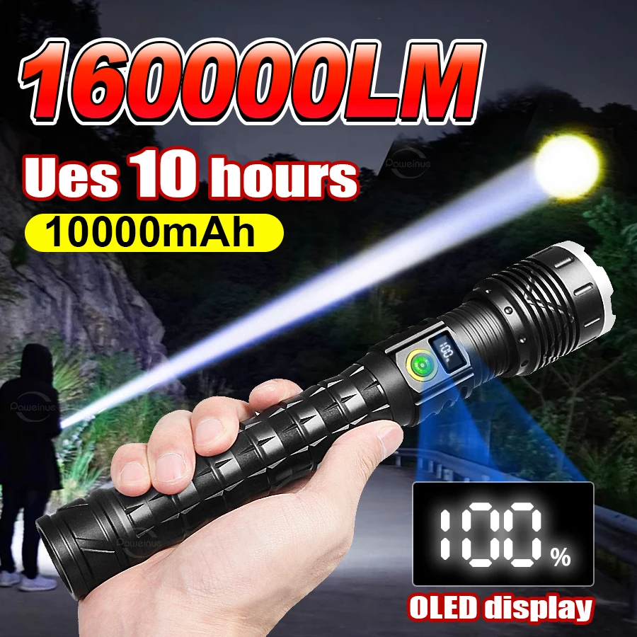 160000LM High Power Led Flashlight 10000mAh Torch Light Rechargeable Led Lamp Waterproof Self Defense Power Bank Camping Lantern