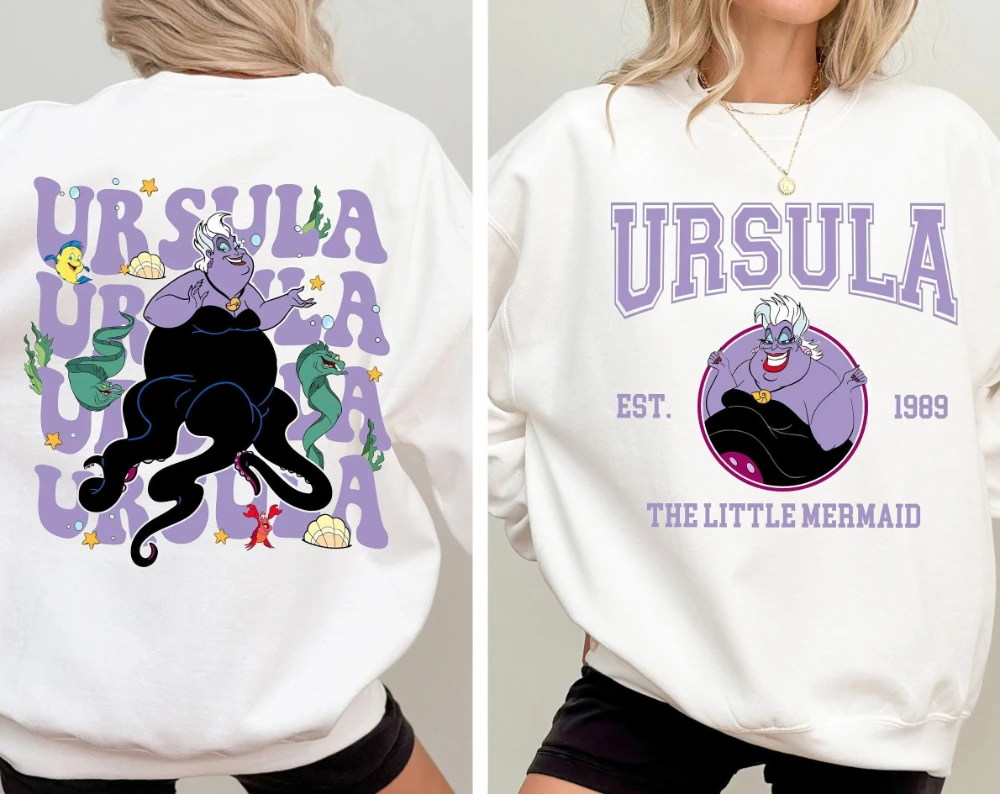 

Двусторонняя толстовка с капюшоном Disney Little Mermaid Ursula, семейный комплект для путешествий в Диснейленде, уличная одежда для пар, свитшот с круглым вырезом