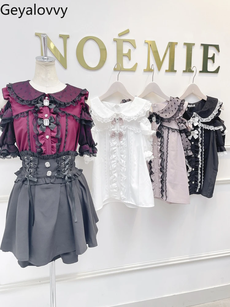 แขนสั้นใหม่สาวหวานอเนกประสงค์ TOP Japanese Mine Series Mass-ผลิตลูกไม้ Splicing Off-ไหล่ตุ๊กตาคอเสื้อ