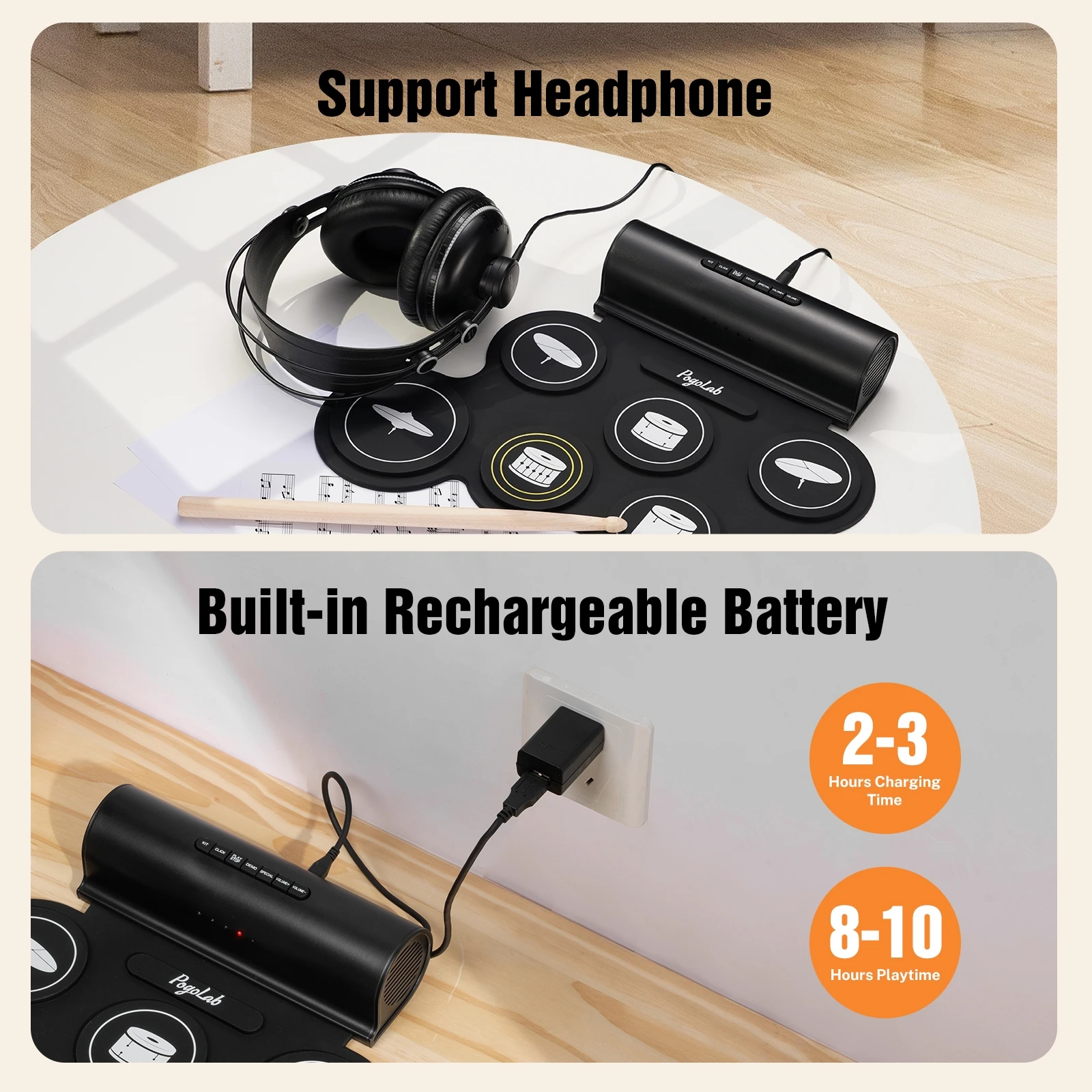 Kit electrónico plegable de práctica de estudio con juego de batería con pedal de patada, 7 almohadillas sensibles a la velocidad con salida Midi y canciones de demostración