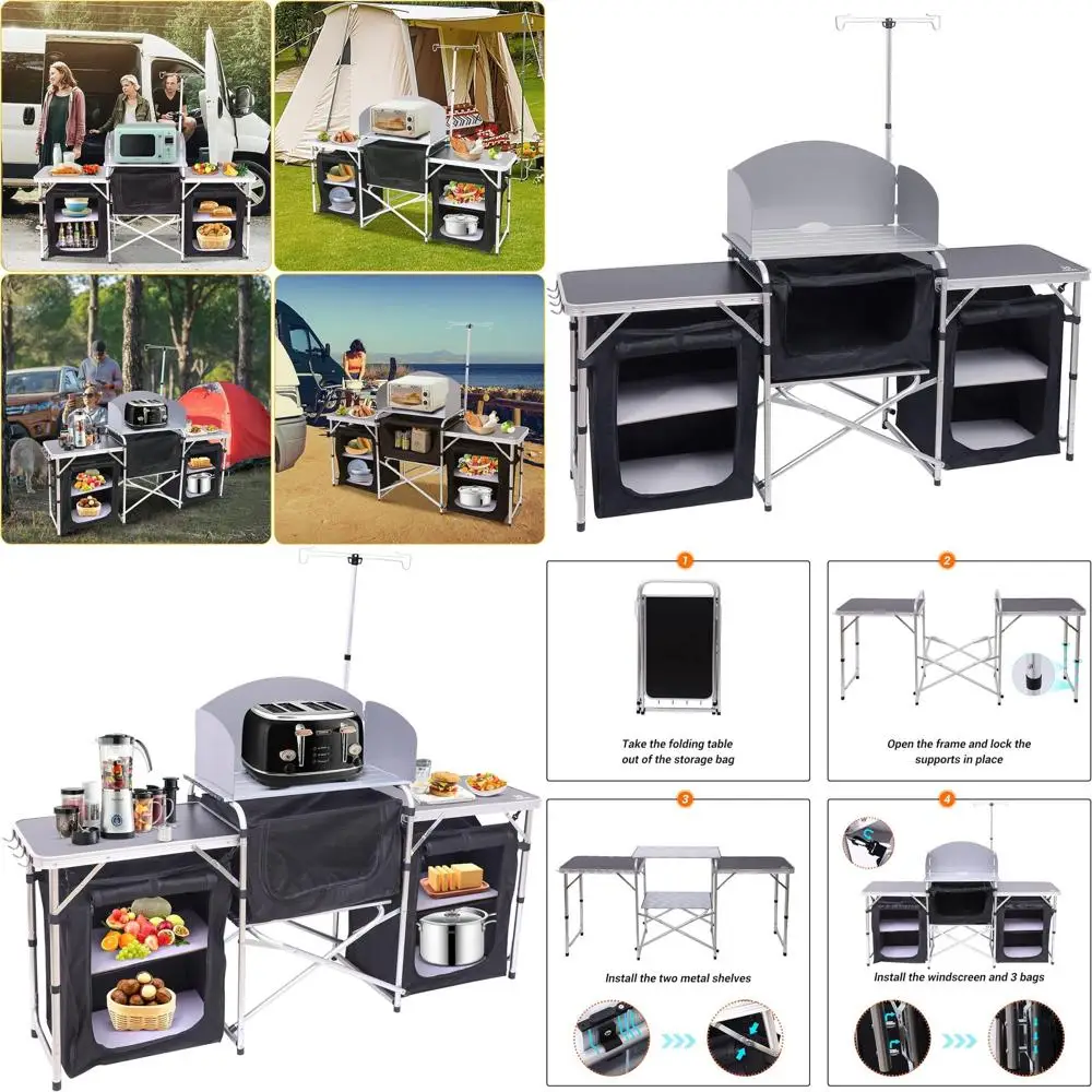 

Кухонный стол для кемпинга, складной стол, обновленная подставка для освещения, станция для приготовления пищи на лобовом стекле и 3 органайзера, сумка для переноски на открытом воздухе,