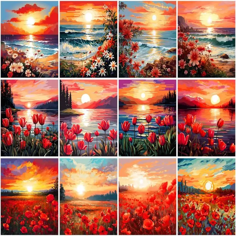 CHENISTORY Painting By Number Red Tulip Drawing On Canvas HandPainted Painting Art Gift DIY Pictures By Number Sea Kits Home Dec