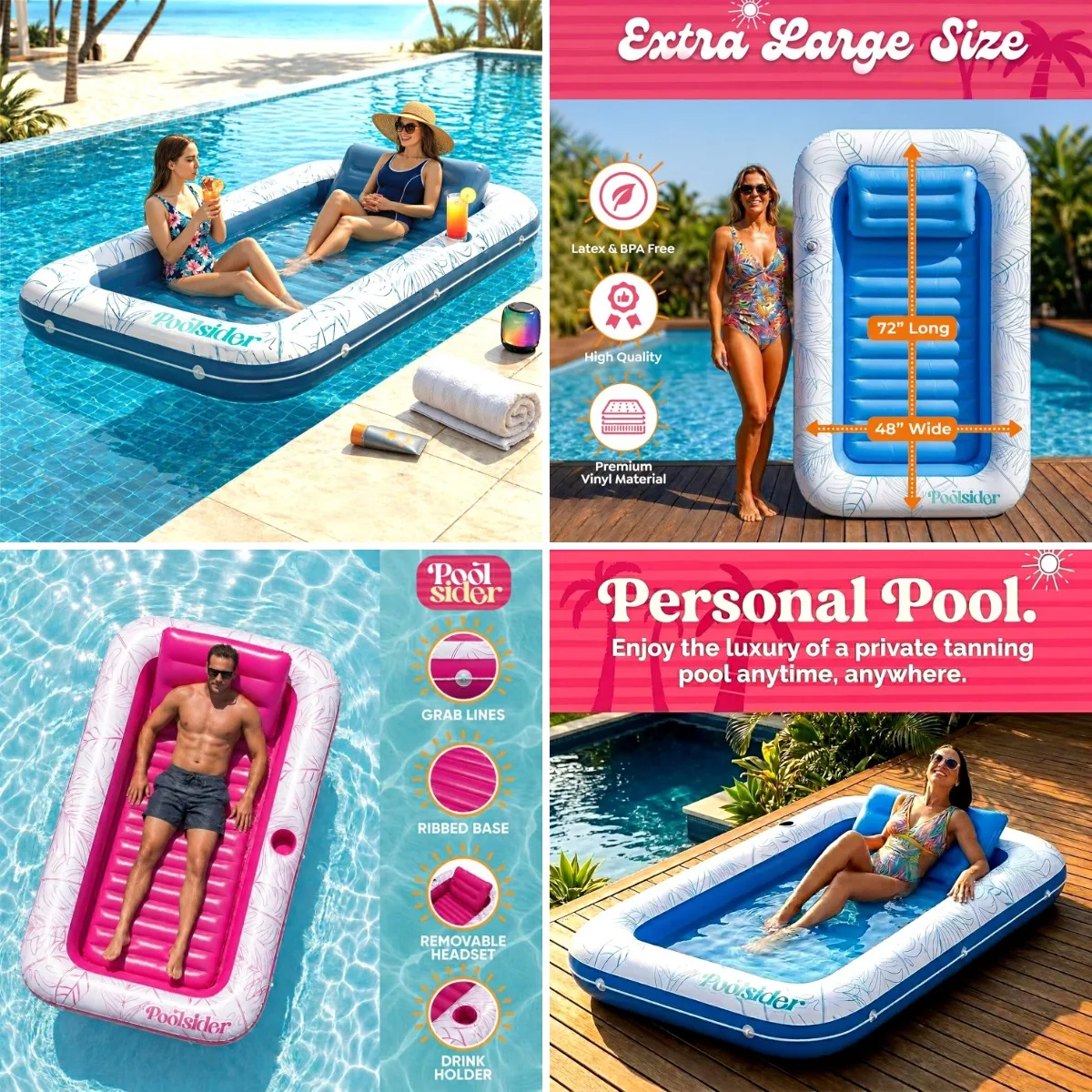 

Inflatable Tanning Pool Lounger |Large Inflatable Tanning Bed for Adults -4 in 1 Multipurpose Sunbed Tub | Pool Floats Adults