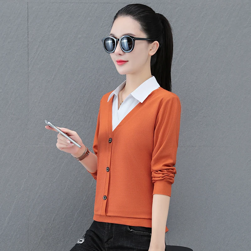 New Autumn And Winter Korean Fashion Fake Two-Piece Long Sleeved Pullover For Women'S Casual Loose Fitting Patchwork Knitted Top