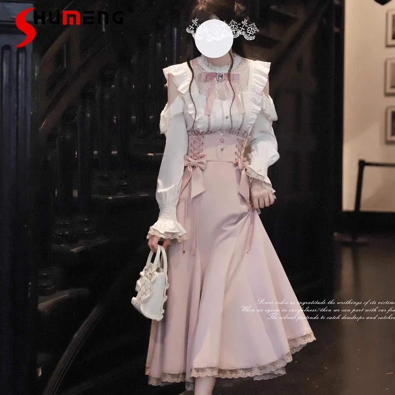 Japanese Rojita Mini Series SC Pink And White Blouse Mass-Produced Elegant Mermaid Skirt Long Sleeves Single-breasted Shirt Girl