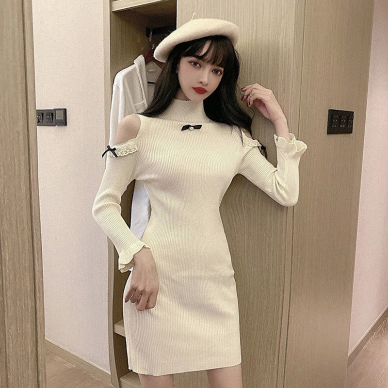 Half High Collar Women's  Knitted Dress  Autumn Winter Knitted Long Sleeves Contrast Color Stitching