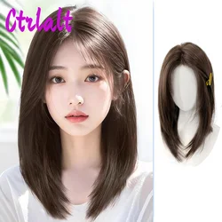 Pelucas de pelo Natural sintético en capas de color negro y marrón para niñas, peluca recta de uso diario para mujeres con flequillo de cortina resistente al calor