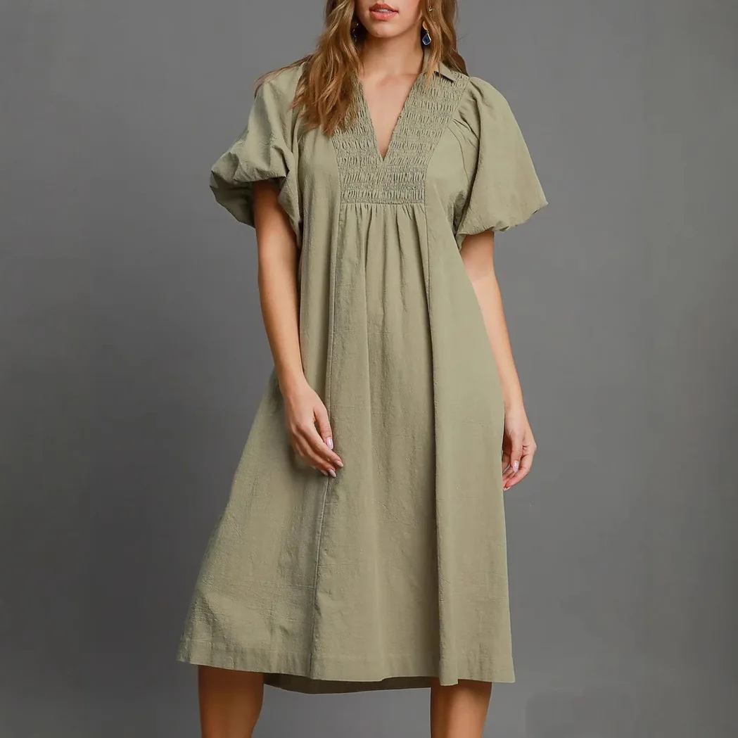 

2025 Summer New V-neck Bubble Sleeve Comfortable Casual Women's Loose Dress