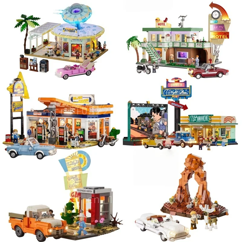 

Новая серия строительных блоков для путешествий, отель, ресторан, сборка акварельной станции, модель здания, коллекция украшений, детские игрушки