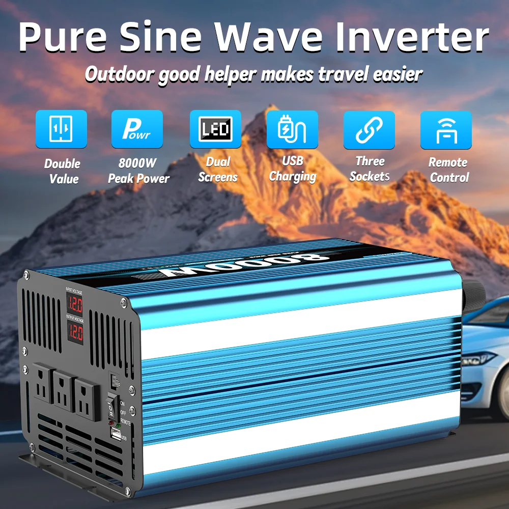 8000W Peak Power Inverter 3000W Pure Sine Wave DC 12V 24V To AC 120V with Remote Control and USB LCD Display Vehicles RV Boat