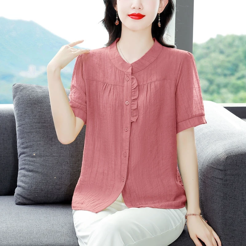 2024 New Summer Korean Version Fashionable and Elegant Minimalist Short Sleeved Blouses Round Neck Patchwork Women\'s Shirt Top