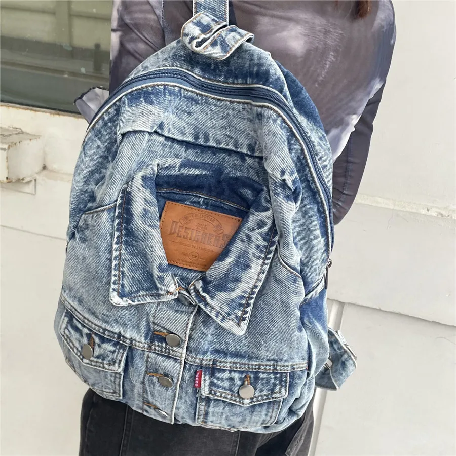 Vintage Washed Denim Backpack Multi pocket women backpack casual large capacity laptop school bags for girl bagpack blue