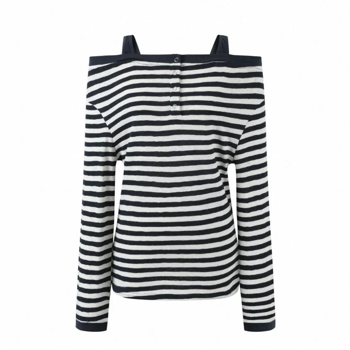 Sexy Gestreiftes Off-Shoulder T-Shirt für Damen, Marineblau mit Umlegekragen, Basic Tees, Locker Geschnitten, Langarm, Herbst-Frühling Oberbekleidung Top – Detail 4