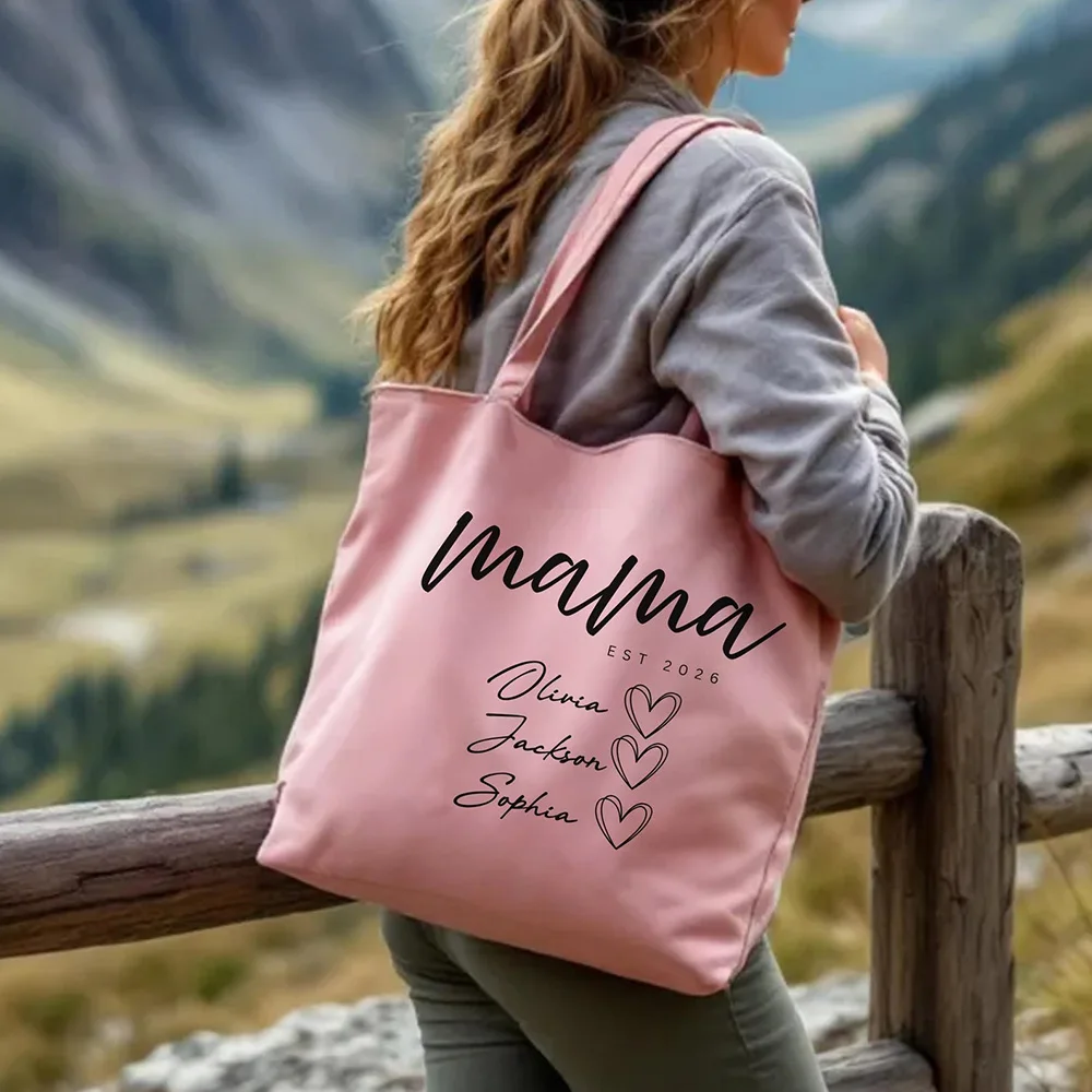 Eco Friendly Canvas Tote Bag Personalized Children Names Custom Mom Name Handbag For Mom Birthday Mothers Day Gift