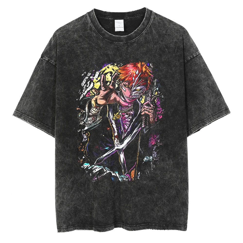 Japan Anime Bleach Zaraki Kenpachi Graphic Printed T Shirt Men Women Manga Tshirts Harajuku Male Oversized Washed Cotton T-shirt