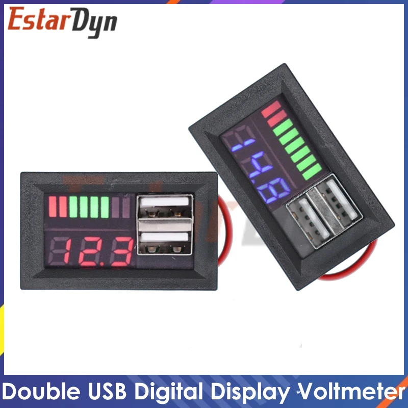 Double USB Digital Display Voltmeter Battery Tester Panel For DC 12V Cars Motorcycles Vehicles USB 5V 2.1A Output