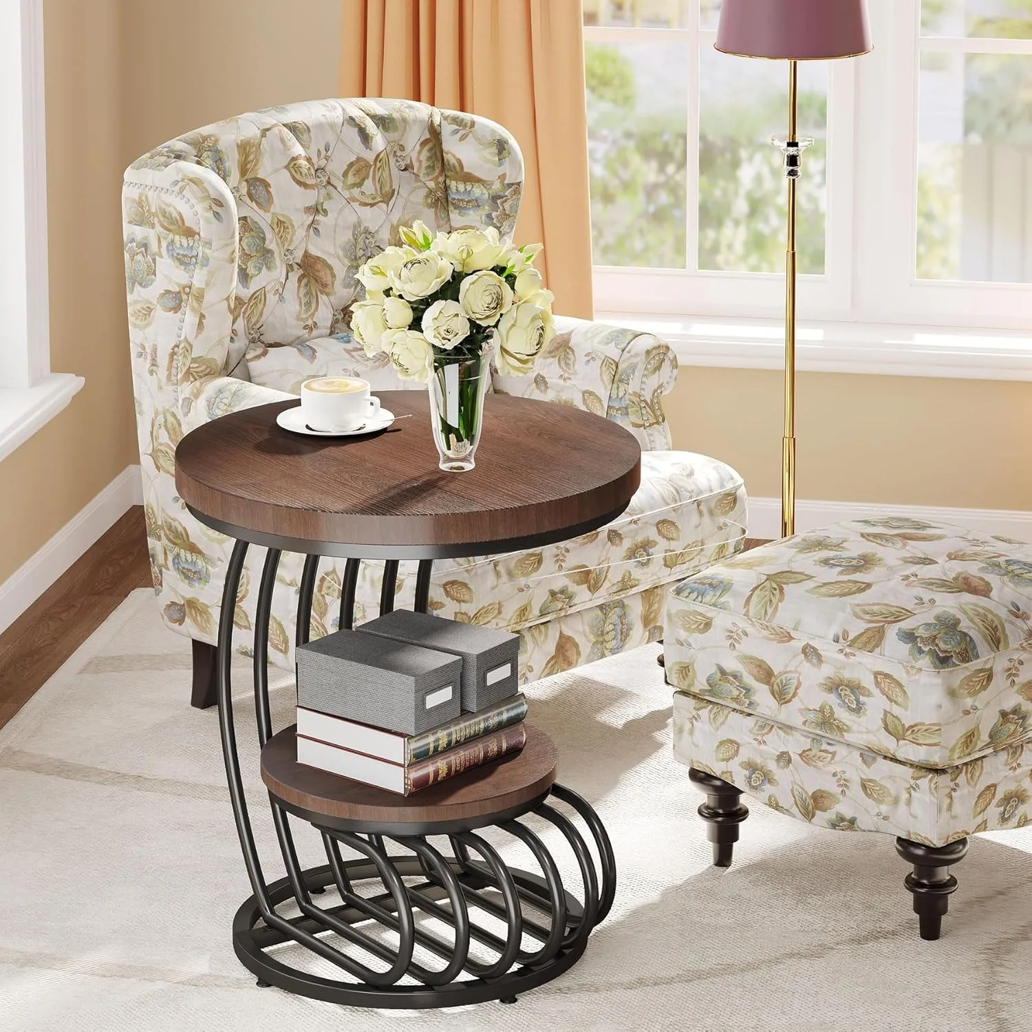 Round End Side Table: Side Table with 2 Tiers Storage Shelves, Small Bedside Table Accent Table with Arc-Shaped Frame