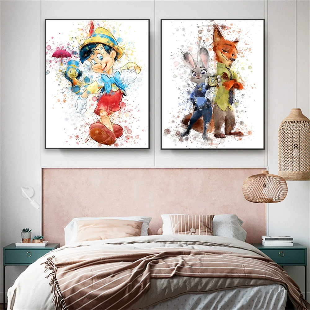 Beauty and The Beast Cogsworth and Lumiere Watercolour Art Print Disney Zootopia Canvas Painting Coco WALL-E Home Bedroom Decor