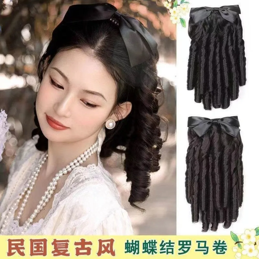 Perruque Hanfu Vintage Republic-Era-Tresse royale bouclée avec nœud et rouleau romain, postiche de princesse rétro historique, ensemble de cheveux chinois