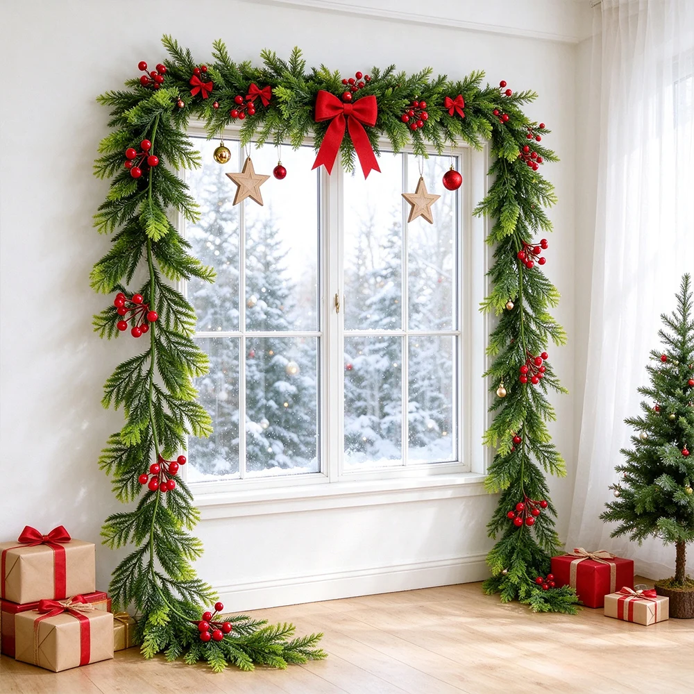 175cm Fake Christmas Pine Vine Artificial Hanging Plant Vines Faux Xmas Red Fruit Garland Plastic Pine For Home New Year Decor