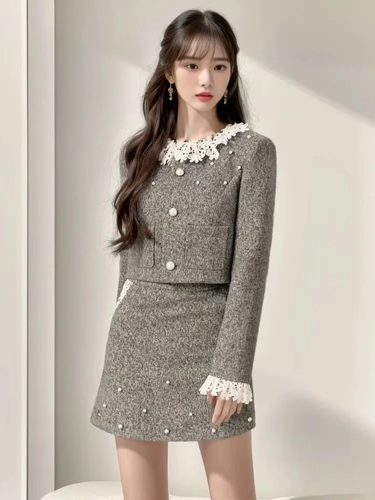 French Style Lace Edge Short Jacket Half Skirt Set Feminine Elegant Sweet Jacket with a Line Mini Skirt Set