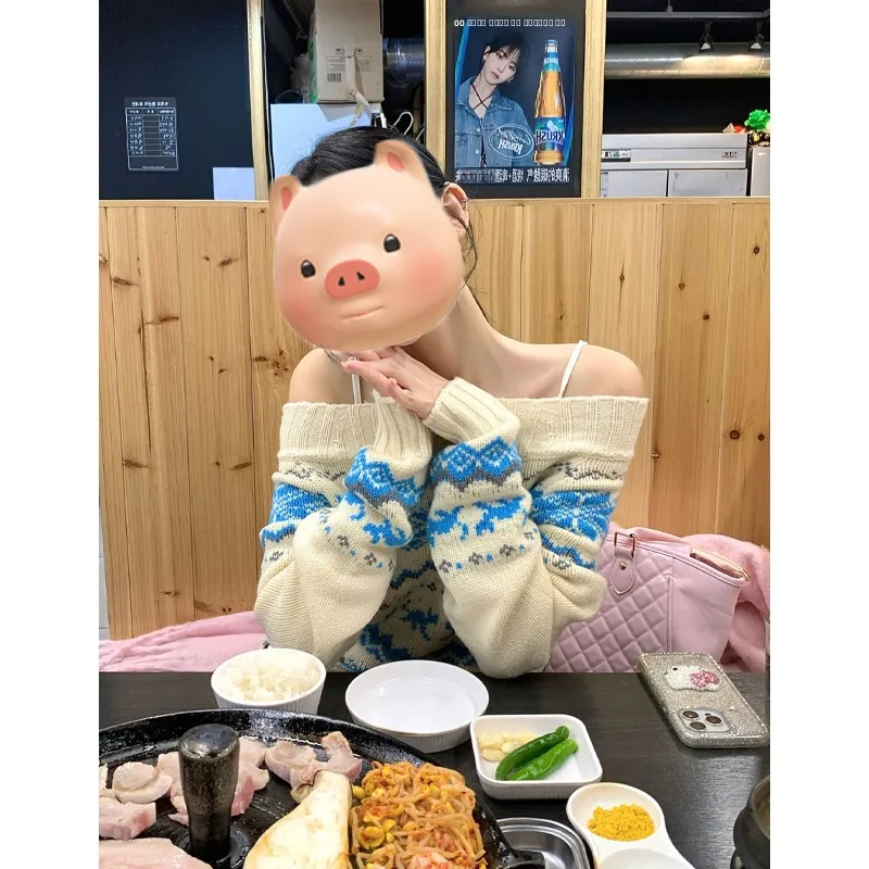 Nordic Sle Cisas свитер женский на одно плечо ленивый вязаный топ зимняя мода повседневный свободный крой длинный узл све