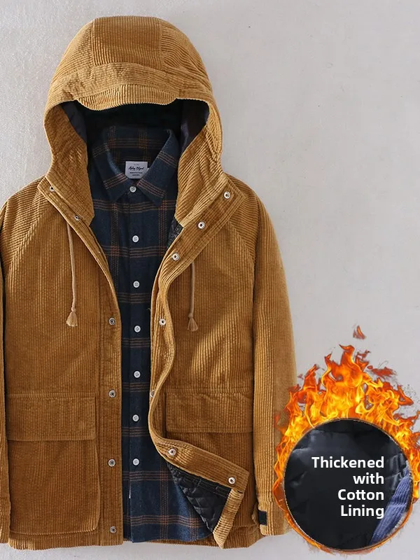 

Thiened Pure Cotton Corduroy Jaet Men's Loose Fit Hooded Coat with Multiple kets Faionable Urban Sle Long Sve Coat