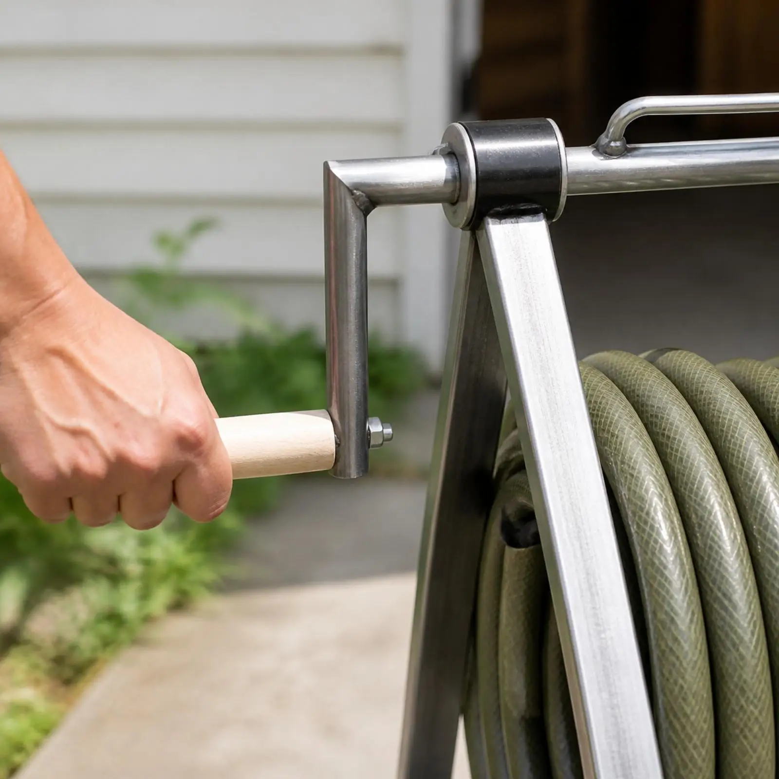 Manual Garden Hose Reel Winding Rack with Welded Metal Frame for Organized Water Hose Storage