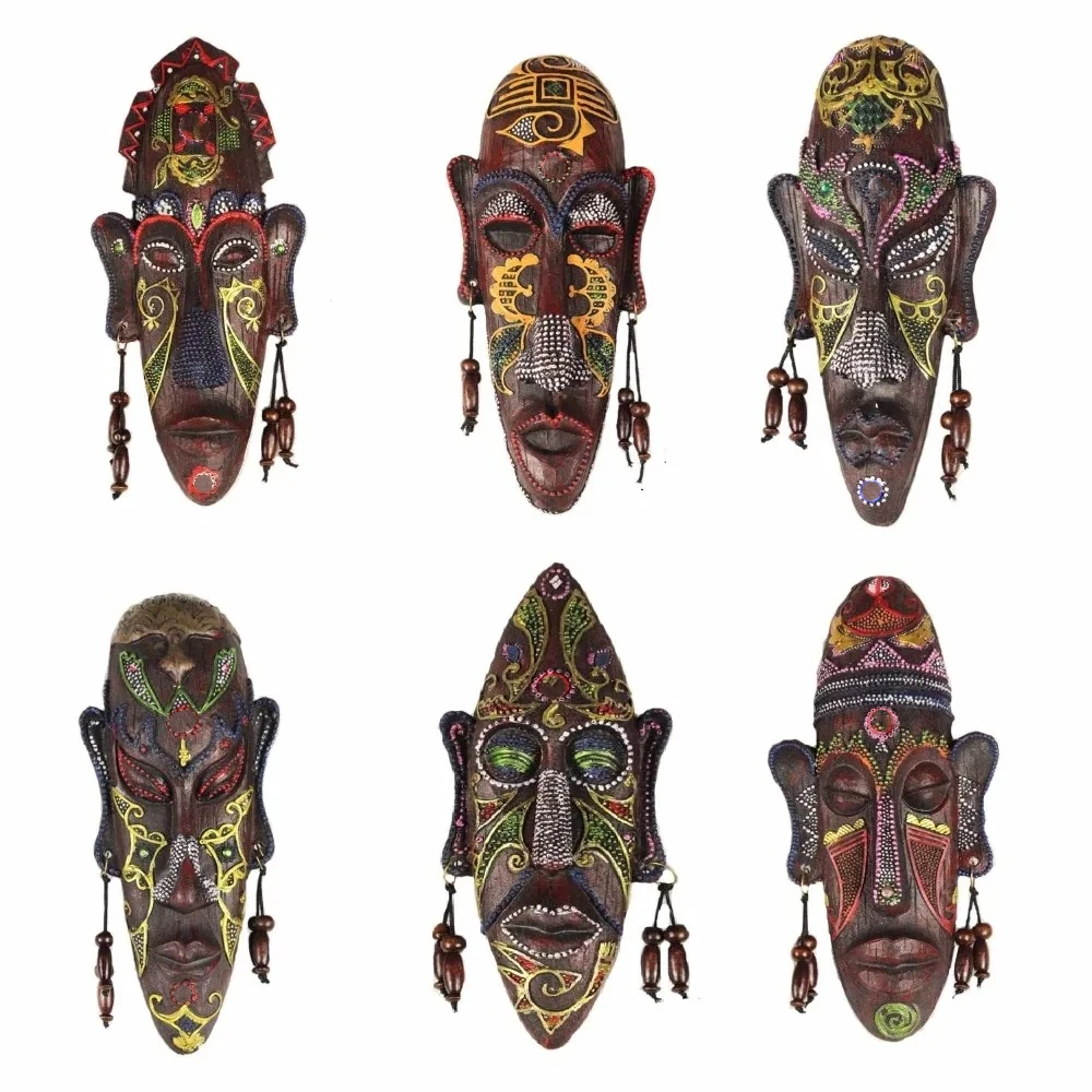 Zakka 3D Hand Painted Crafts Gift Personality Retro African Masks Metope Wall Hanging Decor For Home Living Room Bar Ornament