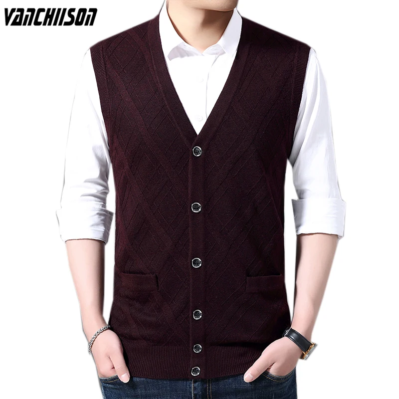 

Men Knit Vest Buttons Down Pocket 13.8% Wool Sweater Cardigan Sleeveless Basic for Autumn Winter Retro Vintage Clothing 00082