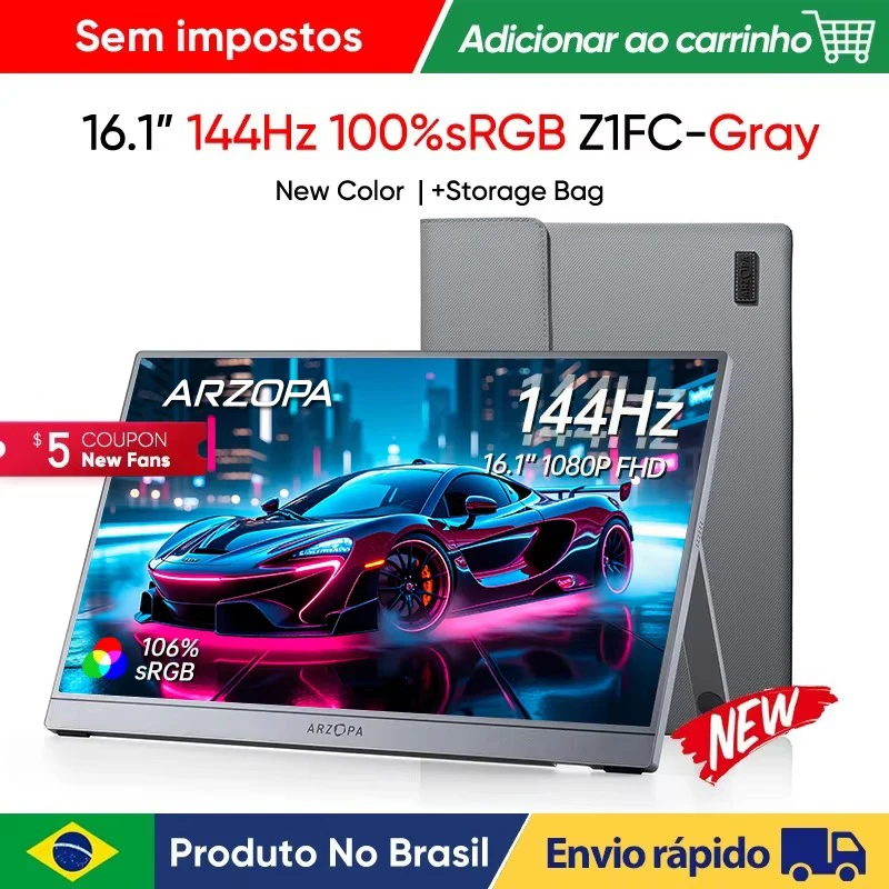 [NOVO - Cinza Espacial] Monitor Portátil ARZOPA de 16,1 polegadas 100% SRGB 144Hz com Conexão Tipo C Mini HDMI, com Bolsa de Armazenamento