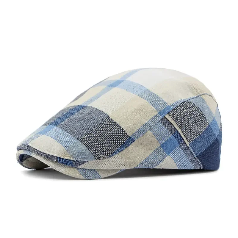 Four Seasons Cotton Plaid Newsboy Caps Flat Peaked Cap Men and Women Painter Beret Hats 02