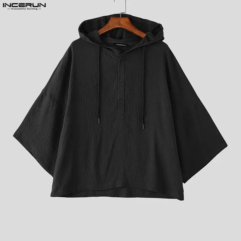 

INCERUN Men's Shirt Solid Oversize Hooded Short Sleeve Men Clothes Tops Streetwear Summer Korean Style Casual Shirts For Man
