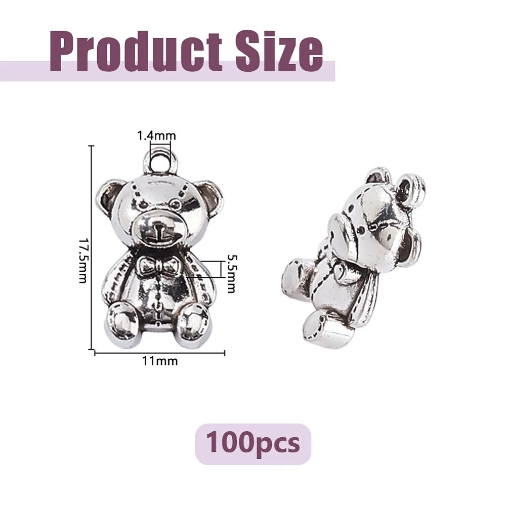 

100Pcs Style Alloy Pendants Bear Silver 17.5x11x5.5mm Hole: 1.4mm