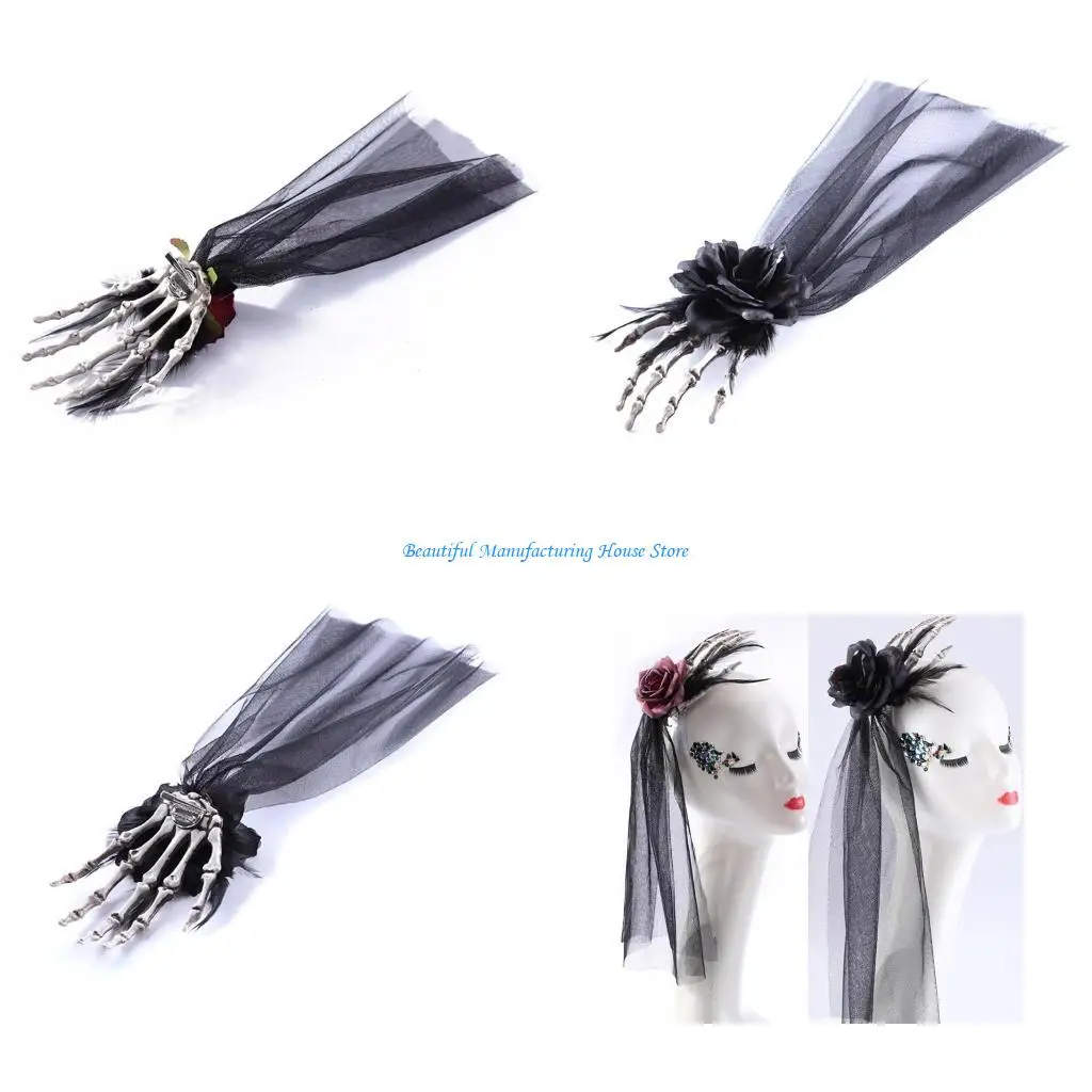 

E56A Hairpin Day Of The Dead Headband Veil Gothic Headwear Headdress