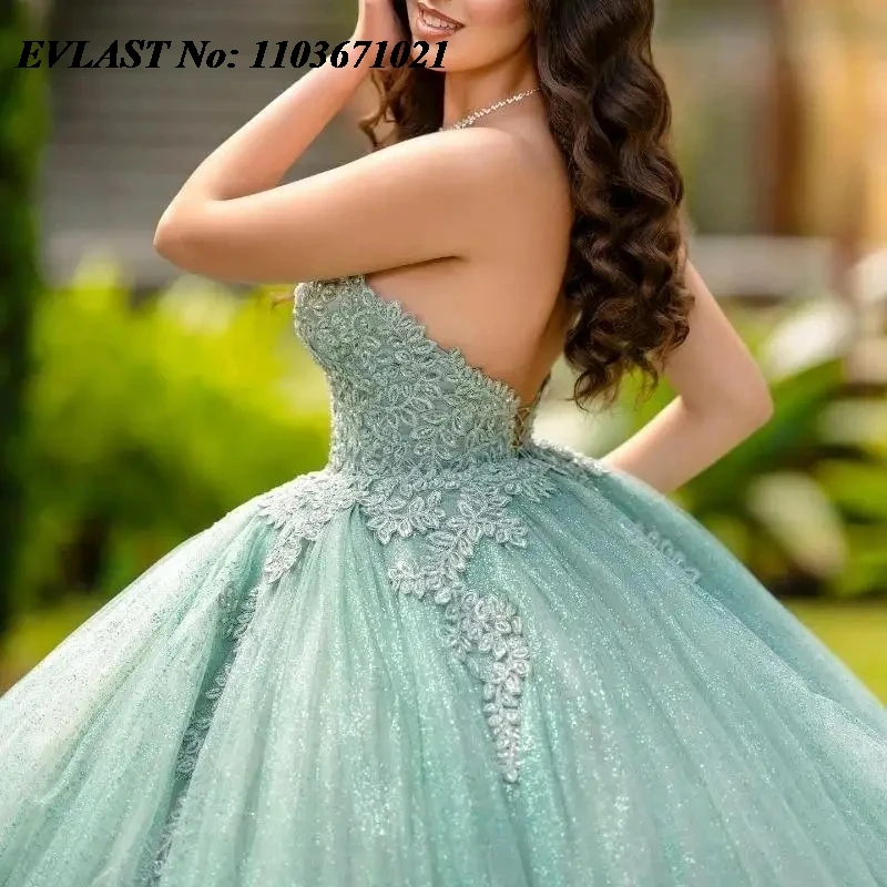 Evlast Glitter Mintgroene Quinnceanera Jurk Baljurk Glanzende Applique Kralen Mexican Corset Sweet 16 Vestidos De 15 Anos Sq560