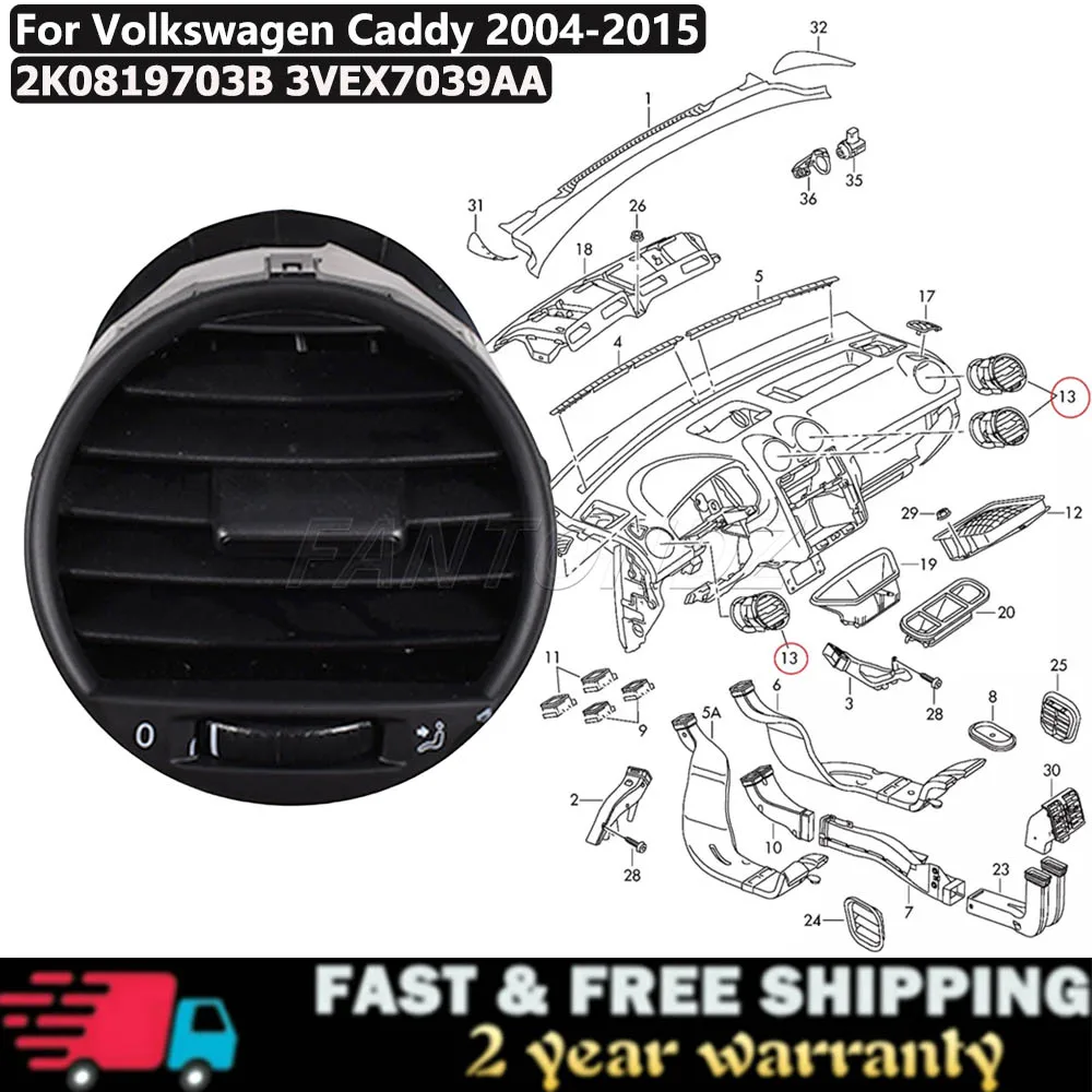 

For VW Caddy 2004-2015 Car Front Dashboard Air Vent Grill Cover 2K0819703B 3VEX7039AA Air Conditioner Outlet A/C Air Vents