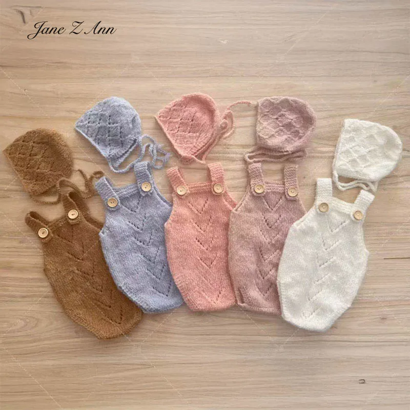 

Newborn baby photography knit outfit set hand knitted hat bodysuit multi-solid colors for boys girls