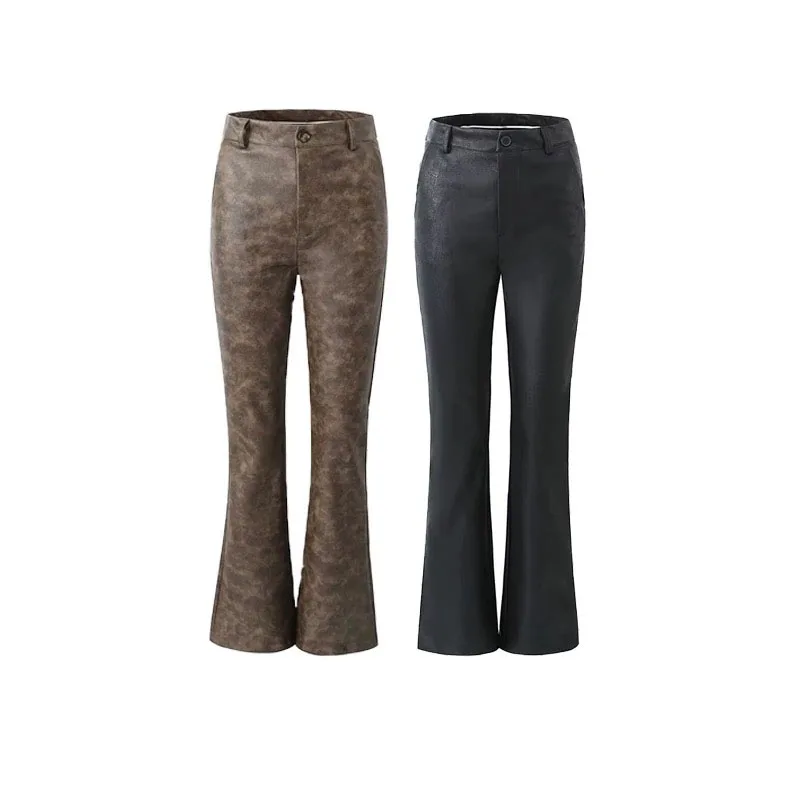 Slimming High Waist Straight Leg Micro Flared Long Pants Women's PU Leather Basic Sle Simple Design Autumn Faion Trend