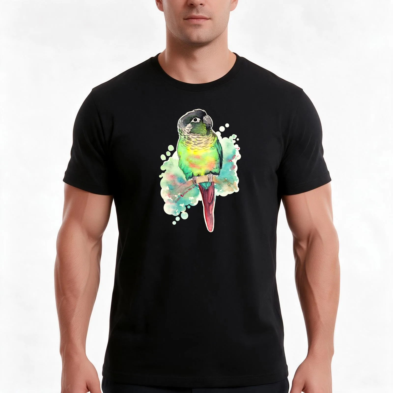 Green Cheek Conure in Watercolor T-Shirt, Summer Casual Cotton Tee, Oversized Streetwear Tops, Vintage Graphic Print