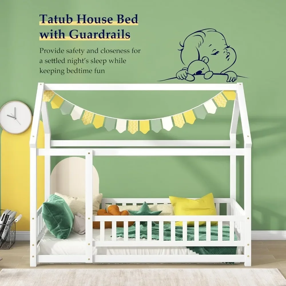 

Twin Children's Bed, Montessori Floor-to-ceiling Bed with Armrests, Floor-to-ceiling Bed Frame with Roof, Wooden House Bed