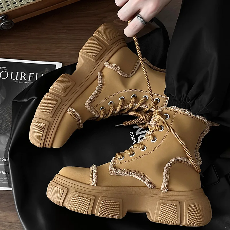 

Men's Motorcycle Boots, High-top Leather Boots, 2025 Autumn and Winter New Trendy and Simple Large-sized Yellow Boots Mens Shoes