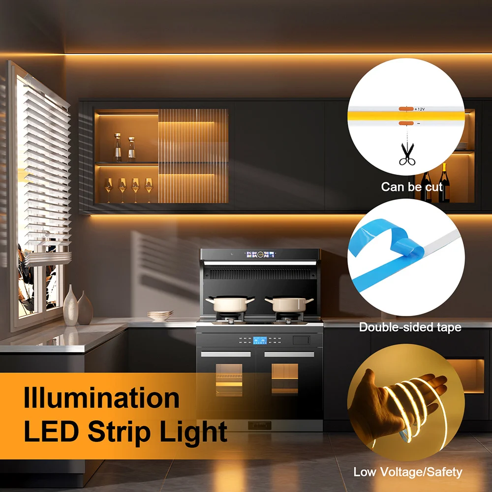 12V 24V 5V COB LED Strip 3mm 5mm PCB Ultra sottile luce 320LED 8mm CRI90 nastro LED flessibile luminoso per l'illuminazione della fodera domestica dell'armadio