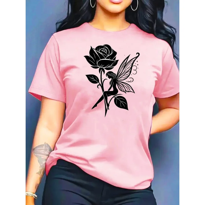 Hot Sale Women Top Clearance Breathable Soft Summer Tee Retro Rose Elf Graphic Print Casual Daily Women Aesthetic Crew Neck Tee