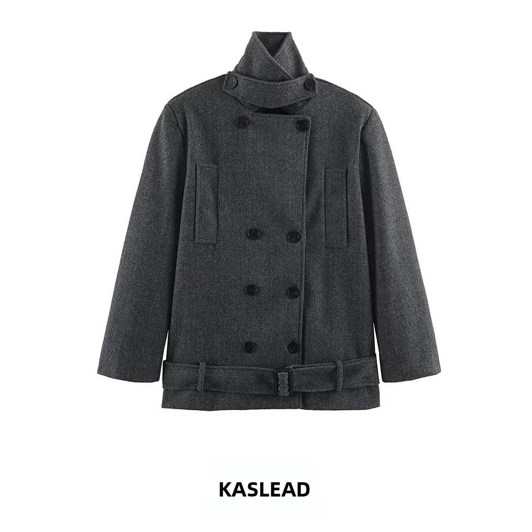 KASLEAD New Women's Fashion High-End Double-Row Buttoned Coat Versatile Stylish Short Outerwear Polyester Fiber Long Sleeve