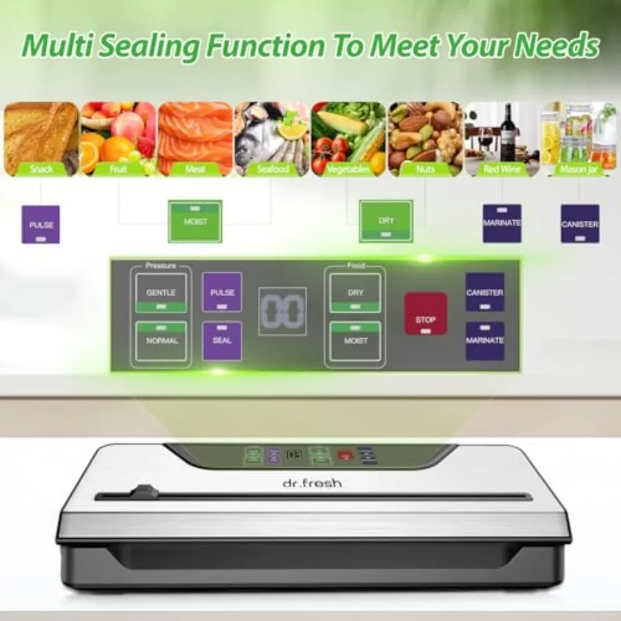 90Kpa Vacuum Sealer for Food Storage in Kitchen 10in1 Food Vacuum Sealer Machine with Mason Jar Kits Builtin Cutter Digital Tim
