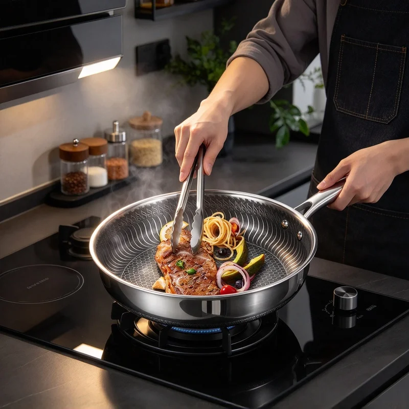 Honeycomb 316 Stainless Steel Wok, Tri-Ply Construction Nonstick Skillet, Suitable for Gas & Induction Cooking
