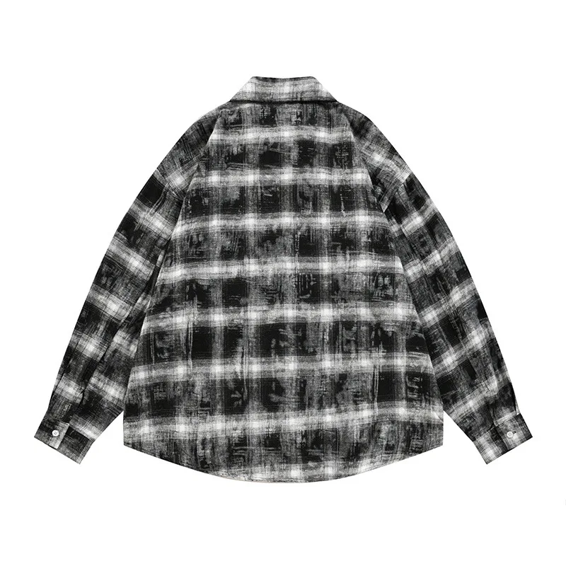 MWJLPWQ Men's Loose-Fit Casual Long-Sleeve Shirt Distressed Tie-Dye Plaid Pattern Star Design Lapel Tops 2026 Autumn New 17680