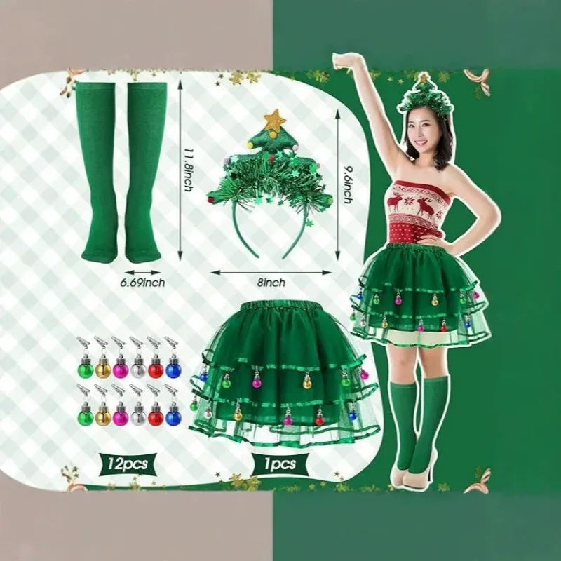 Women Christmas Tree Cosplay Costume Set Green Tutu Skirt Headband Socks With Clamp Ball Accessories For Xmas Party Fancy Outfit